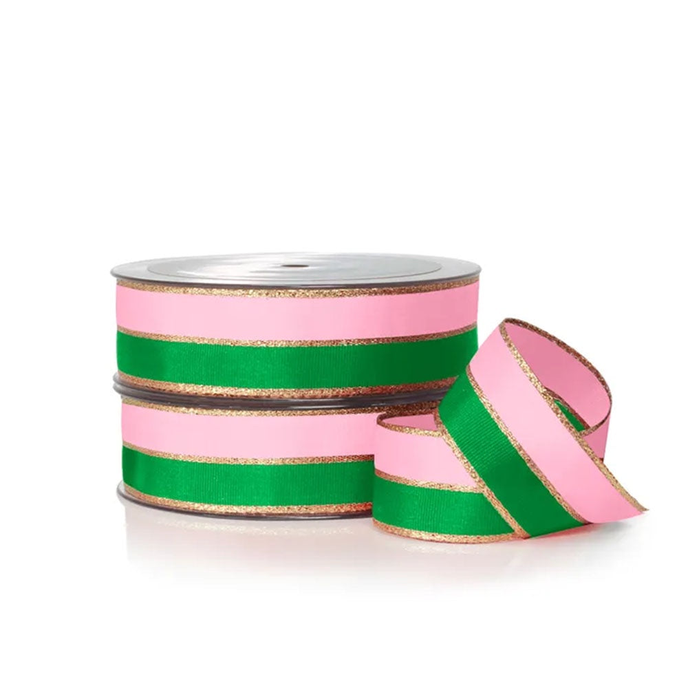 25M NUTCRACKER RIBBON - EMERALD GREEN & PINK