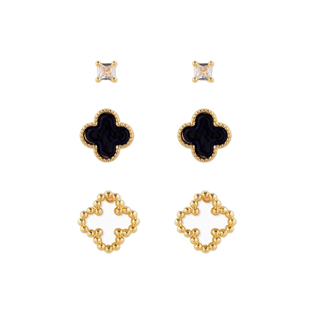 CLOVER AND STUD EARRINGS - BLACK