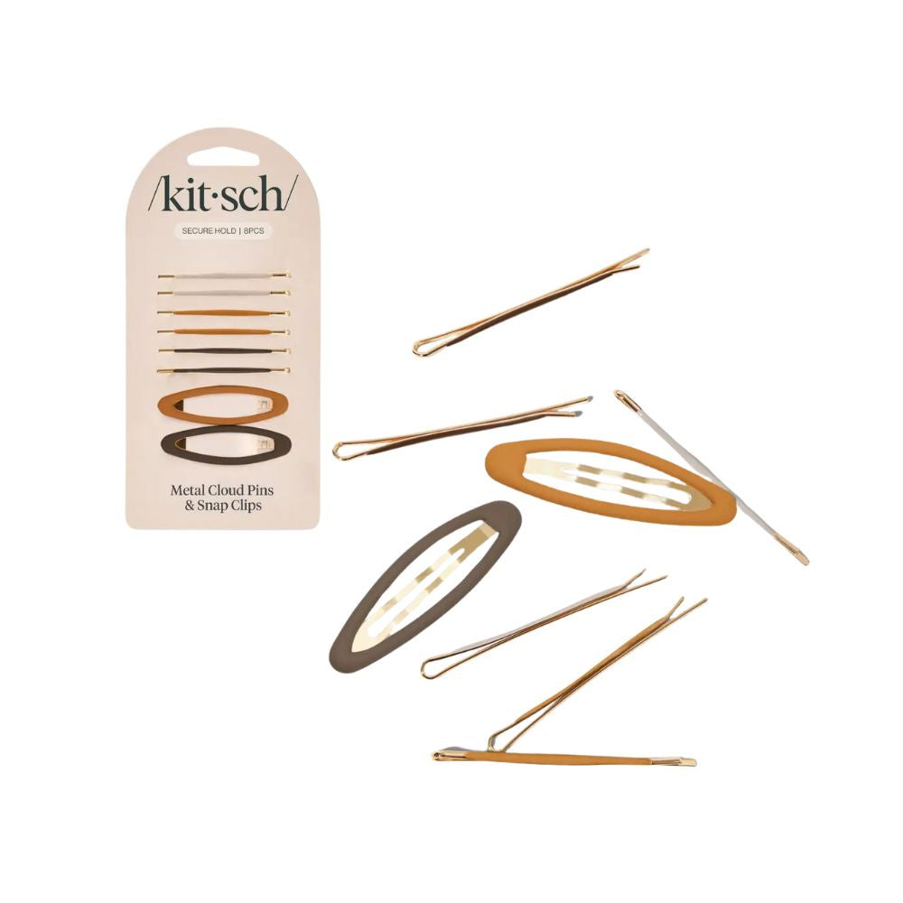 Set of metal hair pins and snap clips with 'kit-sch' packaging on a white background