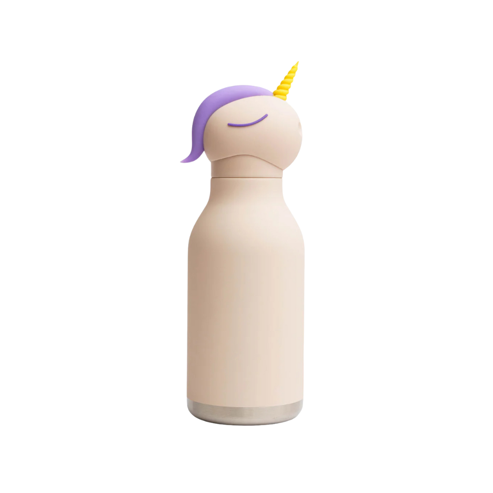 Unicorn-shaped water bottle with beige body, purple hair, and yellow horn on a white background